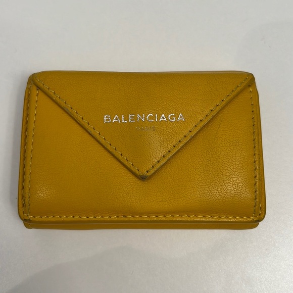 BALENCIAGA Yellow Leather Mini Wallet 3.5”x2.5” opens to 7”x4” - Picture 1 of 5